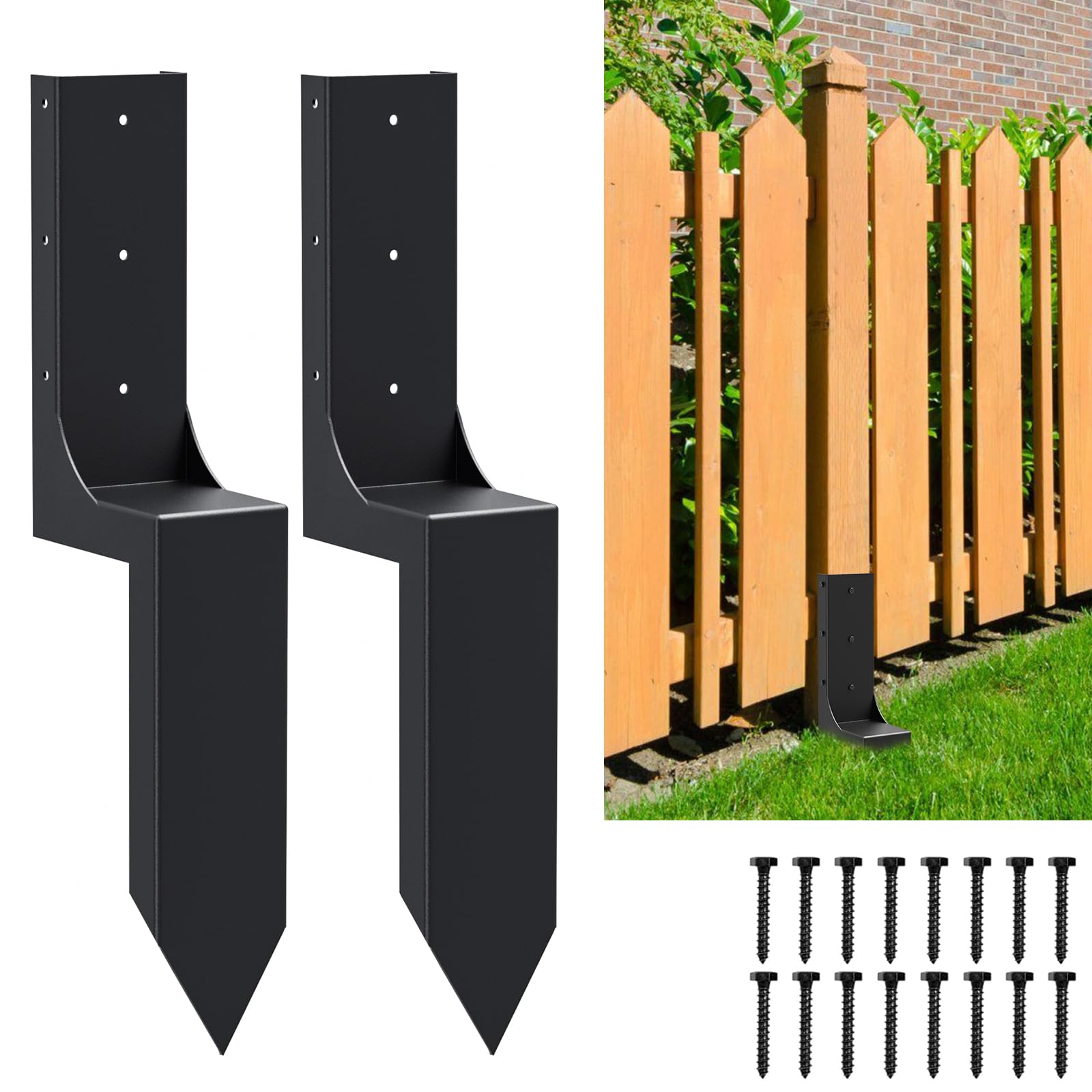 ZIIAMG Fence Post Anchor Ground Spike,Heavy Duty Steel 4"x4" (Inner Diameter 3.6"x3.6") Fence Post Repair Kit(2 Pack/Black） - WoodArtSupply