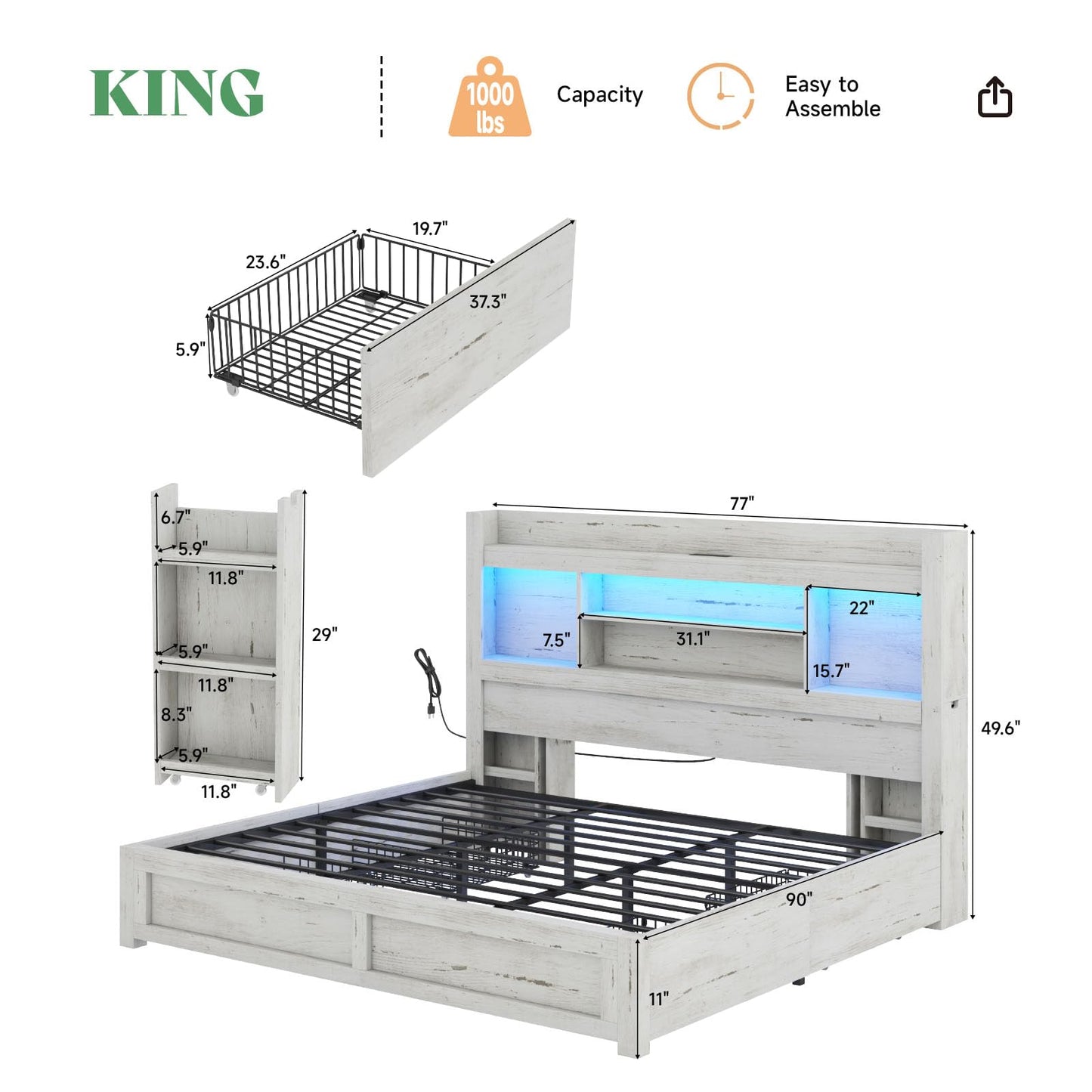 AMERLIFE King Bed Frame with 4 Storage Drawers, LED Bed Frame with 49.6" Tall Bookcase Headboard, Wood Platform Bed with 2 Slide Bedside Shelf & Charging Station, No Box Spring Needed/Distres - WoodArtSupply