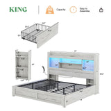 AMERLIFE King Bed Frame with 4 Storage Drawers, LED Bed Frame with 49.6" Tall Bookcase Headboard, Wood Platform Bed with 2 Slide Bedside Shelf & Charging Station, No Box Spring Needed/Distressed White AMERLIFE