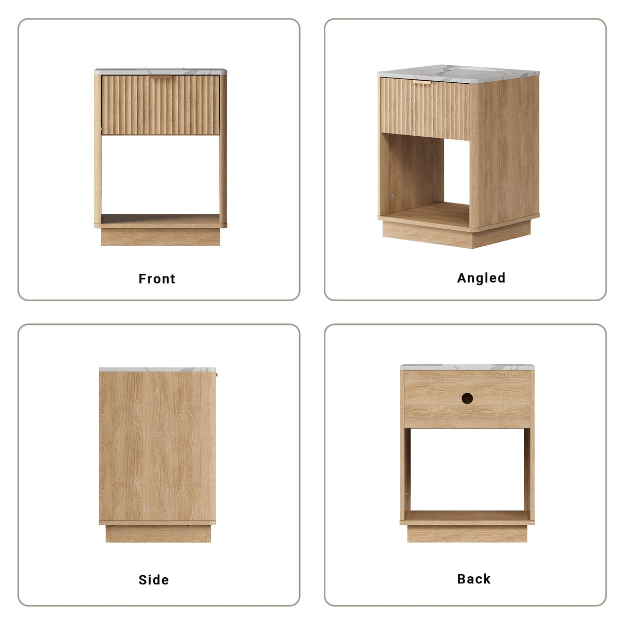 FavourLife Fluted Nightstand with Charging Station, 18" Side Table with Faux Stone Color Top, Mid Century Modern Night Stand Bedside Table with Drawer & Open Shelf for Bedroom Living Room, White Oak FavourLife