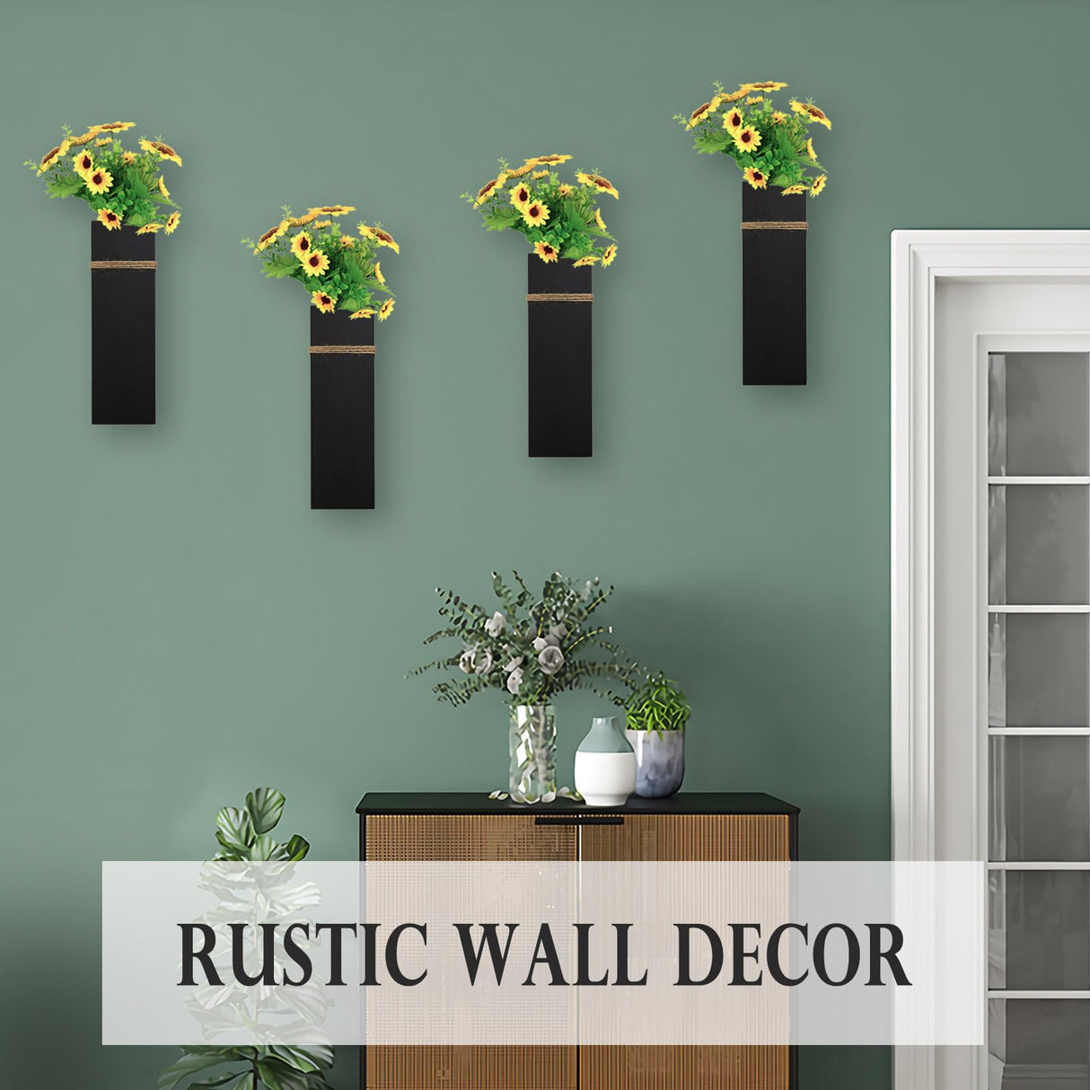 Wall Planters for Indoor Plants - 4 Pack Wood Wall Vases for Dried Flowers & Artificial Plants Modern Farmhouse Wooden Vase for Living Room Bedroom Kitchen Wall Decorations - Black TYLCC