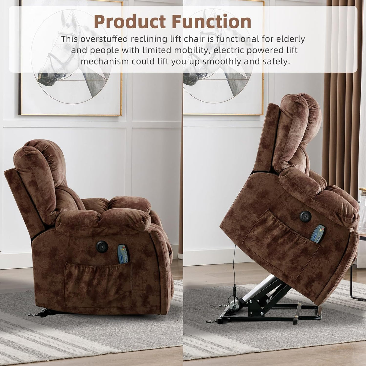 CANMOV Large Power Lift Recliner with Massage and Heat for Elderly, Heavy Duty Lift Recliner for Seniors with USB Port, 2 Hidden Cup Holders (Camel Brown) CANMOV