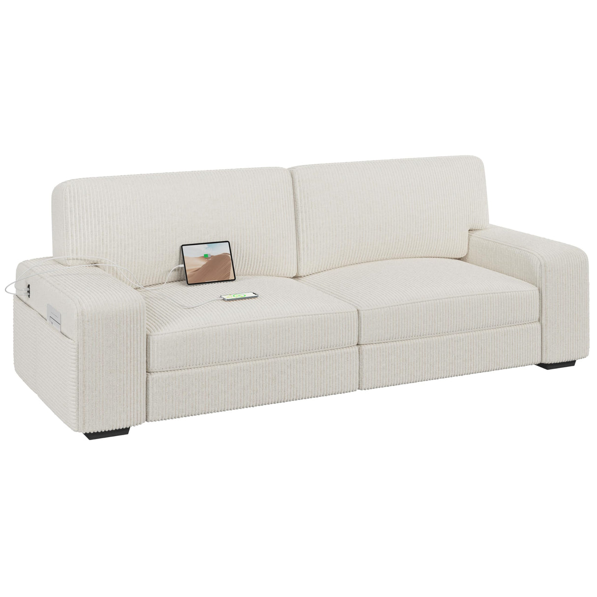 Yaheetech Modern Sofa 2-Seater Corduroy Fabric Sofa Couch with Removable Cover, USB Charging Ports & Side Storage Pockets for Apartment Living Room, Ivory Yaheetech