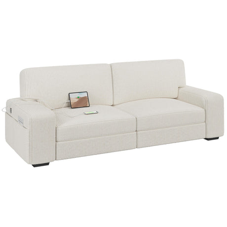 Yaheetech Modern Sofa 2-Seater Corduroy Fabric Sofa Couch with Removable Cover, USB Charging Ports & Side Storage Pockets for Apartment Living Room, Ivory Yaheetech
