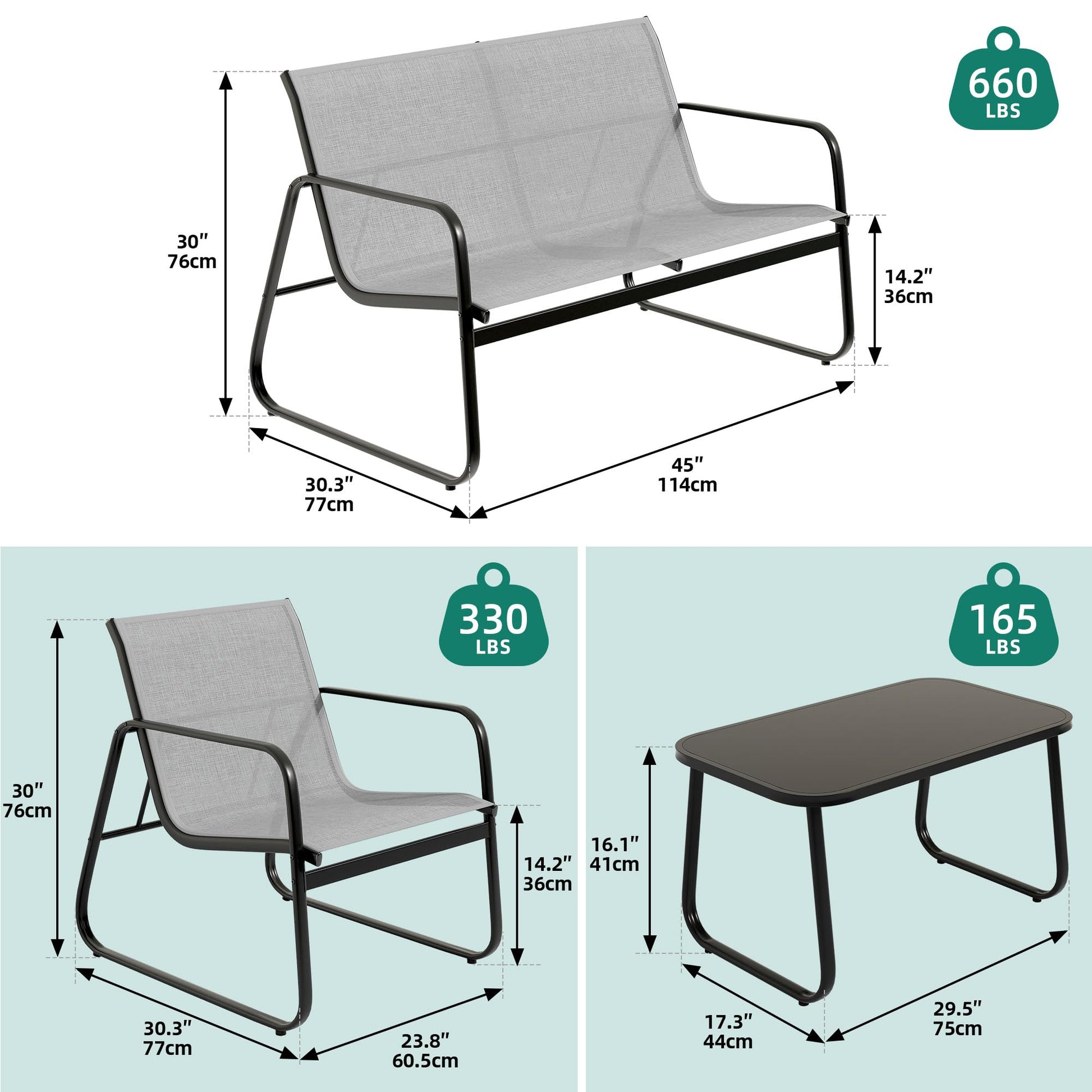 YITAHOME 4 Piece Patio Furniture Set, Small Backyard Bistro Chairs, Loveseat and Glass Table, Textilene Outdoor Conversation Set for Lawn, Garden, Balcony, Poolside (Grey) - WoodArtSupply