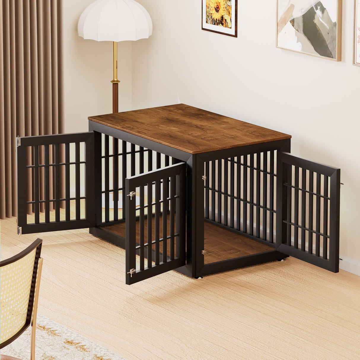 Snuowu 48" Heavy Duty Dog Crate Furniture for Small,Medium and Large Dogs,Rustic Wooden Dog Cage Kennel Indoor Furniture with Waterproof Top,Decorative Pet House Side End Table (Black & Wood) Snuowu