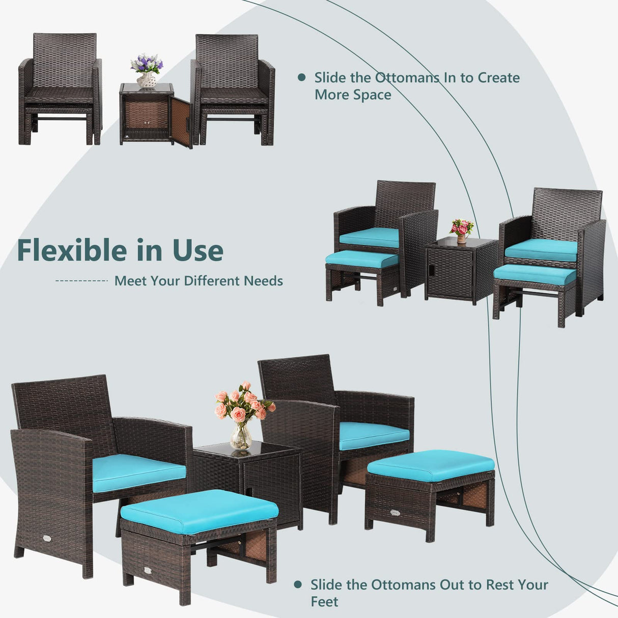 Tangkula 5 Pieces Wicker Patio Furniture Set with Waterproof Cover,Patiojoy Outdoor Cushioned Chairs and Ottoman Set with Single-Door Storage Coffee Table,Space-Saving Tangkula