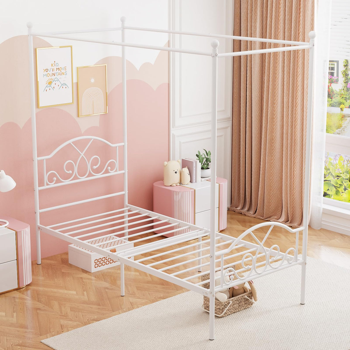 Weehom Twin Canopy Bed Frame with Headboard and Footboard Metal Four Posters Curtains Design Mattress Foundation Bed Platform Underbed Storage Space No Box Spring Needed for Kids Adults White Weehom