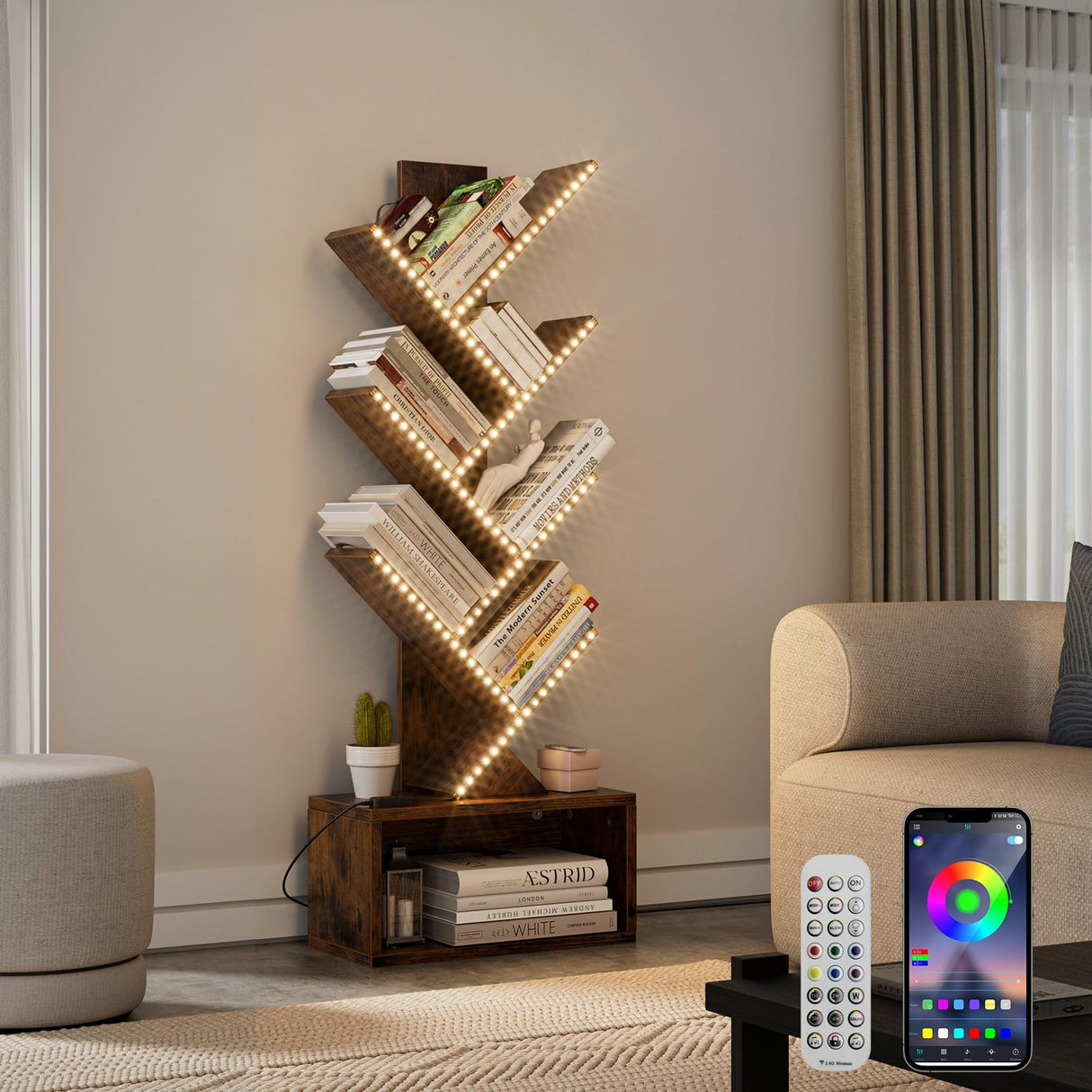 Evermagin 6 Tier Tree Bookshelf with RGBIC LED Strip Lights, Music Sync Color Changing Vertical Bookcase Tower with Remote App Control, Floor Standing Book Shelf for Books/CDs/Movies, Rustic Brown Evermagin