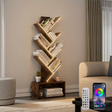 Evermagin 6 Tier Tree Bookshelf with RGBIC LED Strip Lights, Music Sync Color Changing Vertical Bookcase Tower with Remote App Control, Floor Standing Book Shelf for Books/CDs/Movies, Rustic Brown Evermagin
