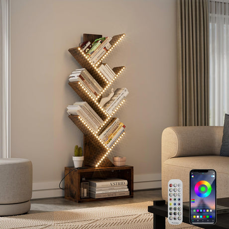 Evermagin 6 Tier Tree Bookshelf with RGBIC LED Strip Lights, Music Sync Color Changing Vertical Bookcase Tower with Remote App Control, Floor Standing Book Shelf for Books/CDs/Movies, Rustic Brown Evermagin