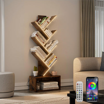 Evermagin 6 Tier Tree Bookshelf with RGBIC LED Strip Lights, Music Sync Color Changing Vertical Bookcase Tower with Remote App Control, Floor Standing Book Shelf for Books/CDs/Movies, Rustic Brown