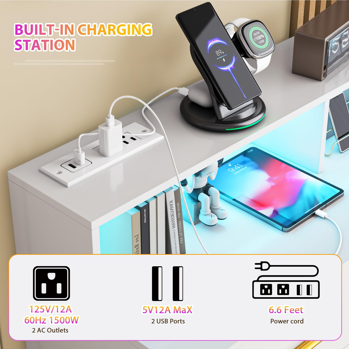 knoworld White 9 Drawer Dressers for Bedroom, Modern Large Dresser with LED Light and Power Outlet, Wooden Long Dresser, Triple Dresser for Bedroom, Living Room, Entryway, Hallway knoworld