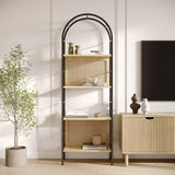 Stead 4-Tiered Arched Book Shelf - Light Oak & Natural Rattan, Metal Frame - Industrial Arched Bookcase & Fluted Bookshelf Stead
