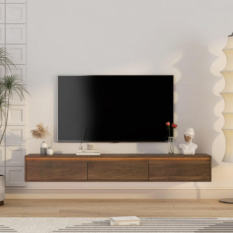 Resenkos Floating TV Stand, Wall Mounted TV Shelf with Led Lights & Power Outlet, High Gloss TV Cabinet, Entertainment Center with Storage, Media Console TV Stands for Living Room,Bedroom, Brown Resenkos