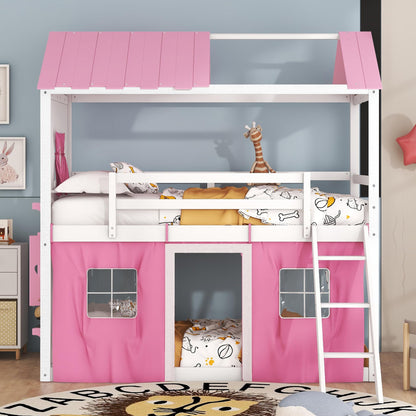 Harper & Bright Designs House Twin Loft Bunk Bed with Tent, Kids Loft Bed with Ladders,Guardrail, Windows and Roof, Wood Twin Over Twin Playhouse Bunk Bed for Kids Teens Boys & Girls (Pink & White)