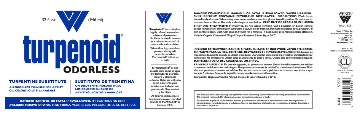 Turpenoid Hypo-Allergenic Turpentine Substitute, 1 qt, Odorless WEBER