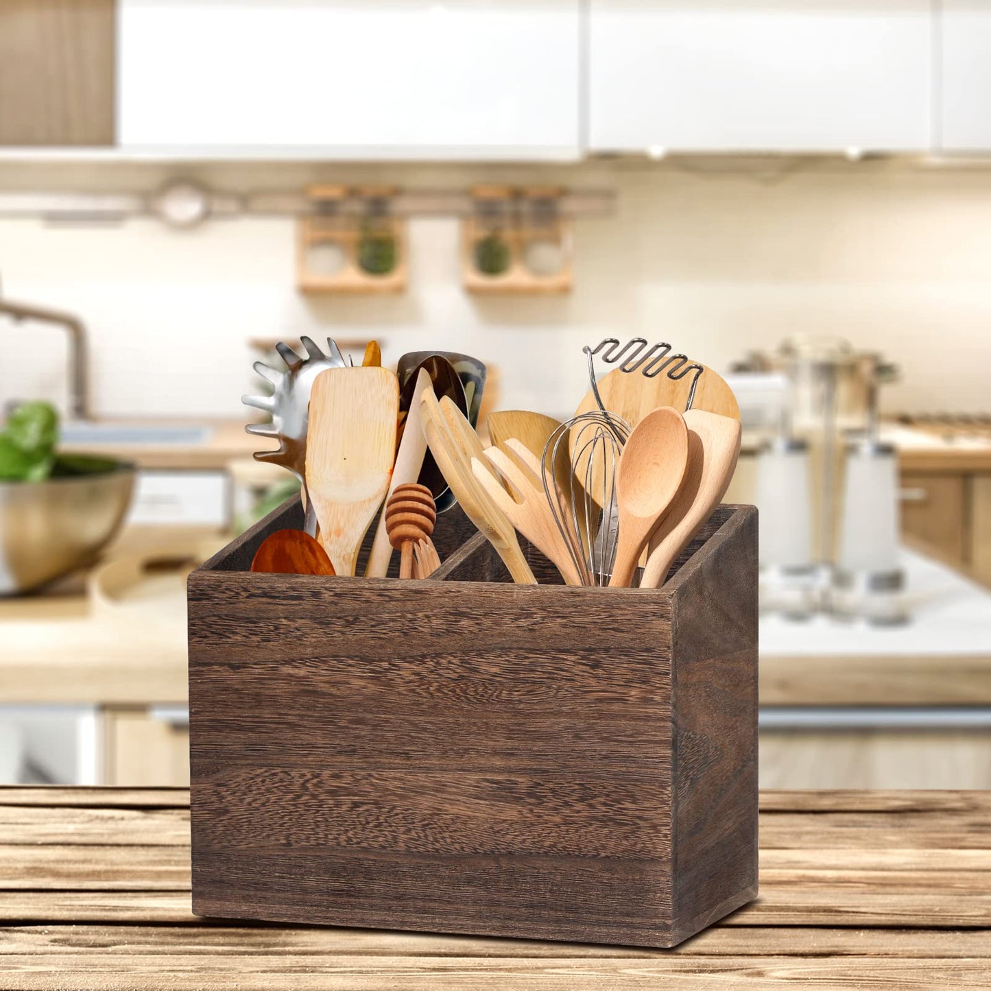 Wooden Kitchen Utensil Caddy With 2 Compartments, Rustic Kitchen Utensil Holder for Kitchen Countertop, Wood Utensil Crock Organizer Box for Farmhouse Kitchen Decor (brown) - WoodArtSupply