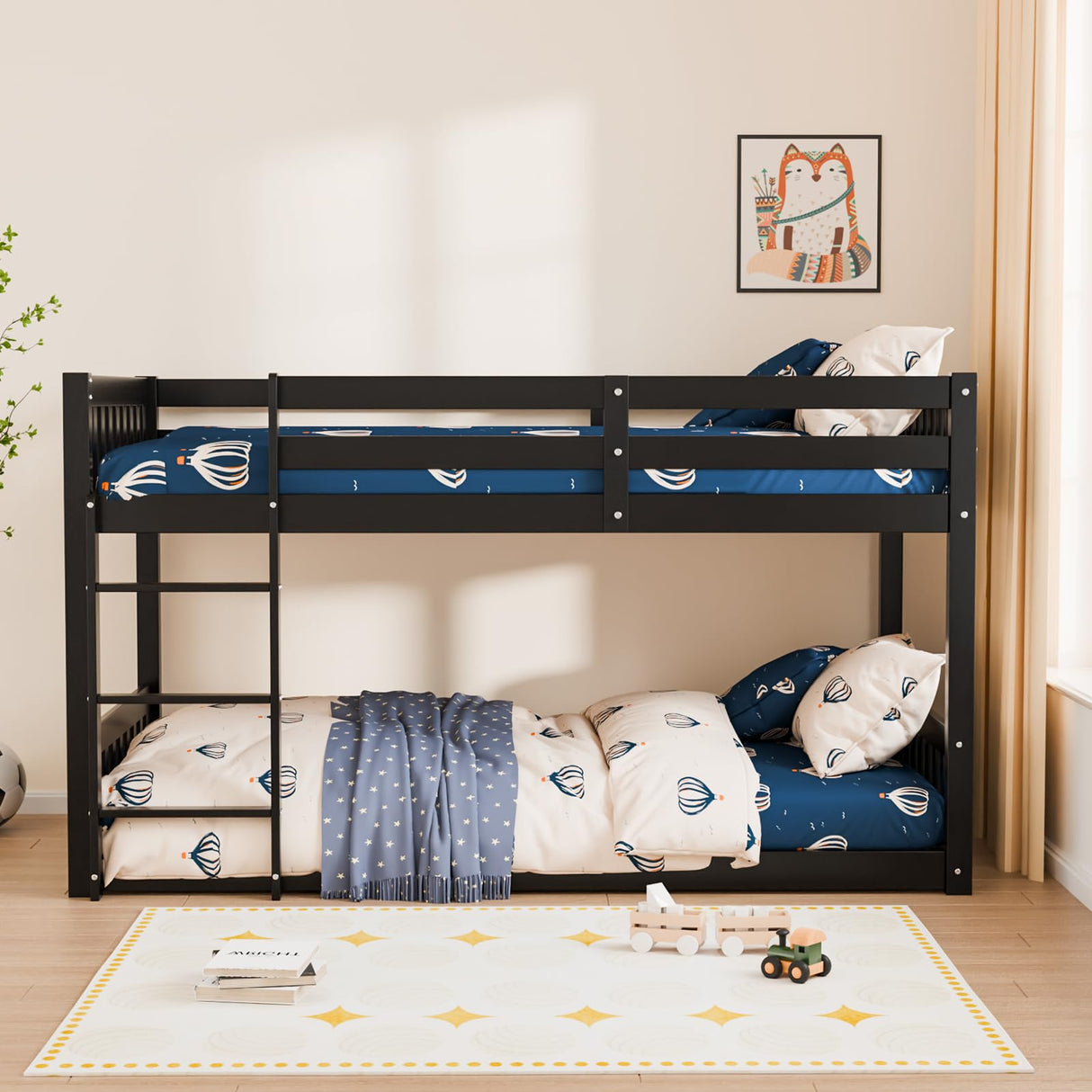 JOYMOR Solid Wood Low Twin Over Twin Bunk Bed for Kids/Junior, Bunk Bed Frame with Guardrails & Ladder for Boys Girls, No Box Spring Needed (Black) JOYMOR