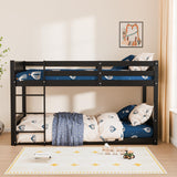 JOYMOR Solid Wood Low Twin Over Twin Bunk Bed for Kids/Junior, Bunk Bed Frame with Guardrails & Ladder for Boys Girls, No Box Spring Needed (Black) JOYMOR