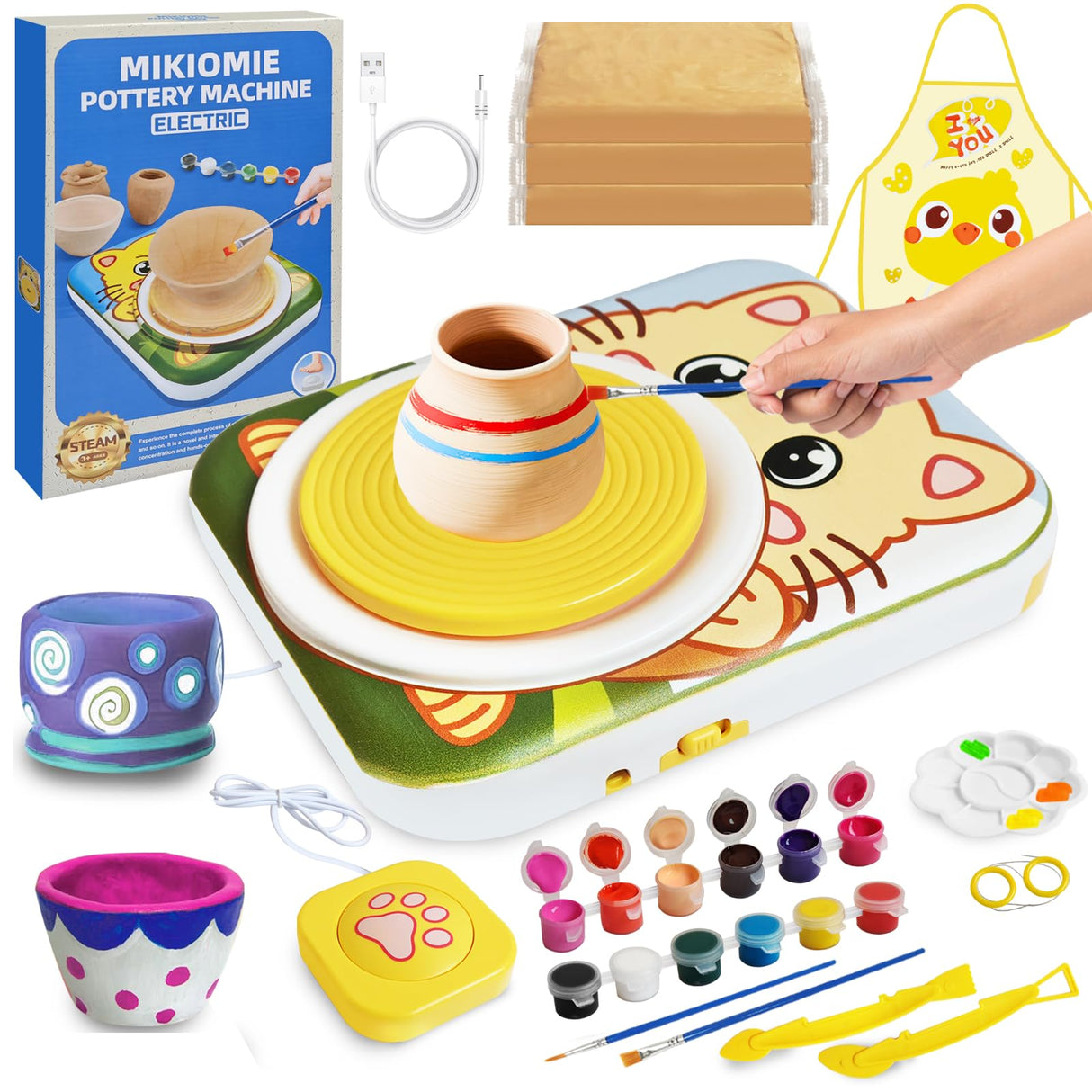 Pottery Wheel for Kids Arts and Crafts Toys for Kids 4-8 8-12 Girl Beginner with Foot Pedal USB Power 3 Clay Packs Apron Tools Mini Art Supplies Birthday Christmas Gifts for 9 Year Old Girls Mikiomie