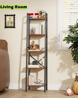 Furologee 5 Tier Ladder Shelf Bookcase, Tall Narrow Bookshelf with 2 Hooks, Rustic Brown Bathroom Corner Book Shelf, Metal Wood Book Case Standing Unit, Display Shelf for Living Room Office Kitchen Furologee