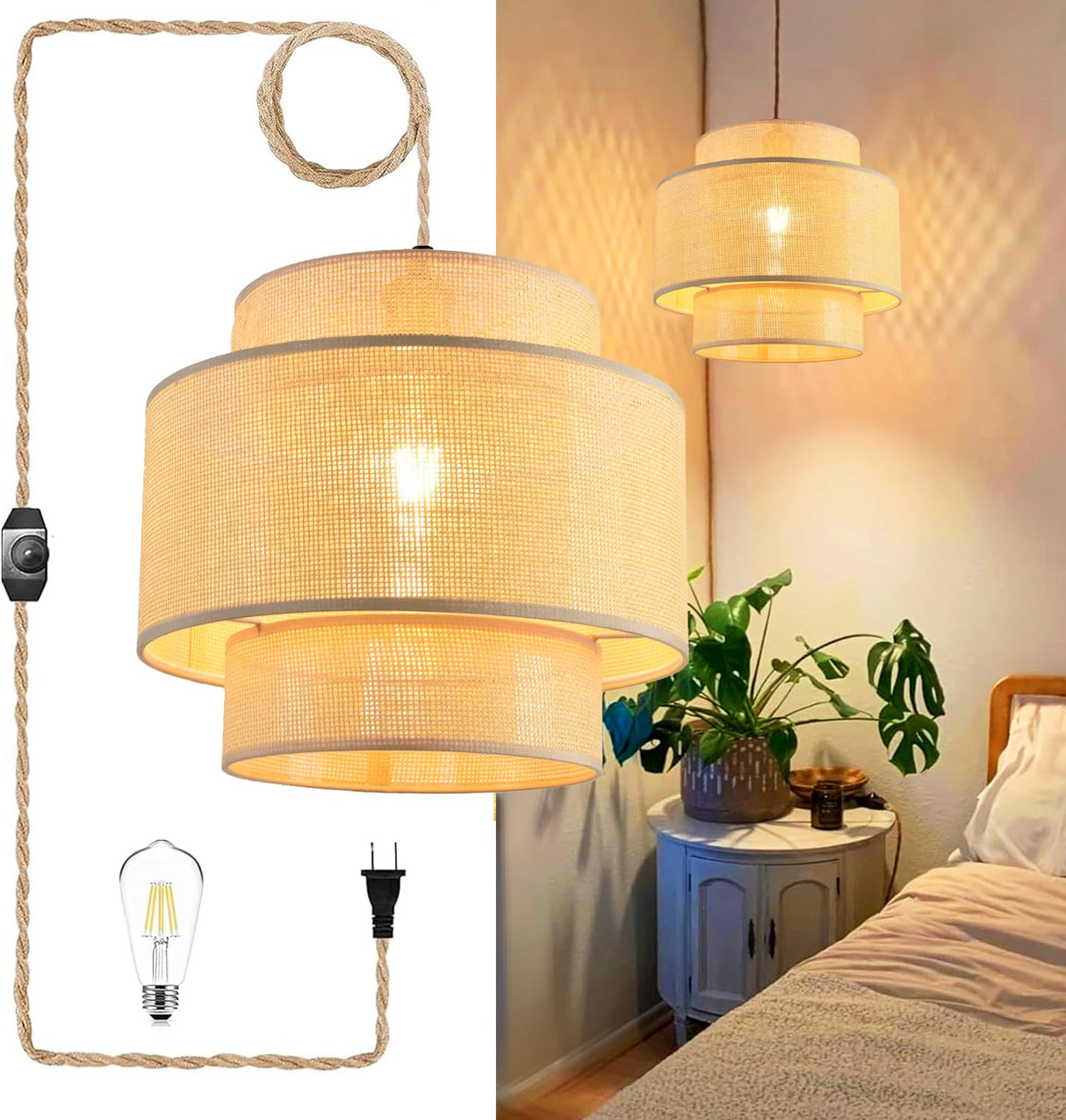 QIYIZM Plug in Pendant Light Hanging Lights with Plug in Cord Hanging Lamp Rattan Boho Dimmable,Wicker Bamboo Woven Lamp Shade, Plug in Ceiling Light Fixture for Farmhouse Living Room Bedroom Kitchen QIYIZM