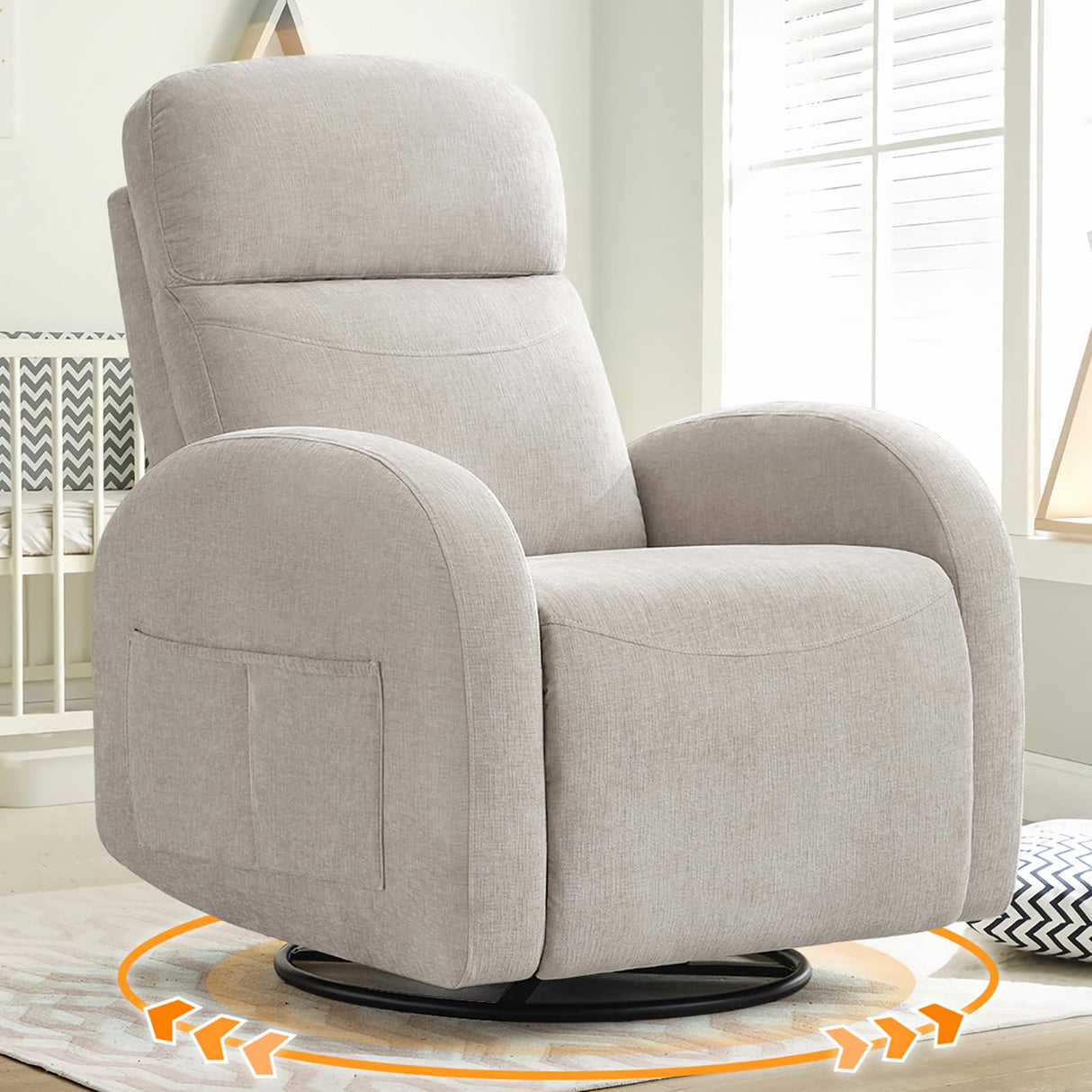 AEMEIOS Nursery Swivel Rocker Recliner, Manual Nursering Glider Recliner, Chenille Swivel Rocking Nursery Recliners with Double Pockets for Living Room, Camel AEMEIOS
