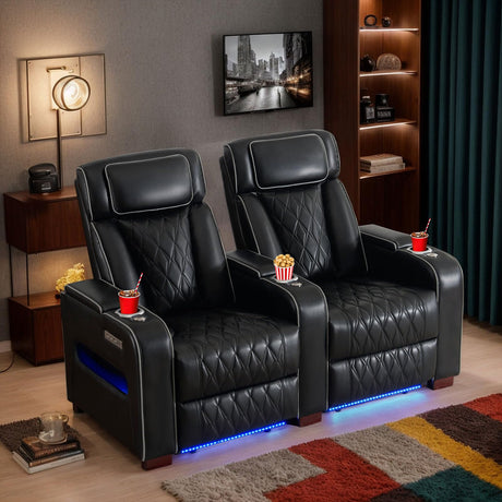 CALIVIA Luxury Home Theater Seating – Power Recliner with Adjustable Headrests, Blue LED Ambient Lighting, Tray Table, USB & Type-C Charging (Black,2 Seat) CALIVIA