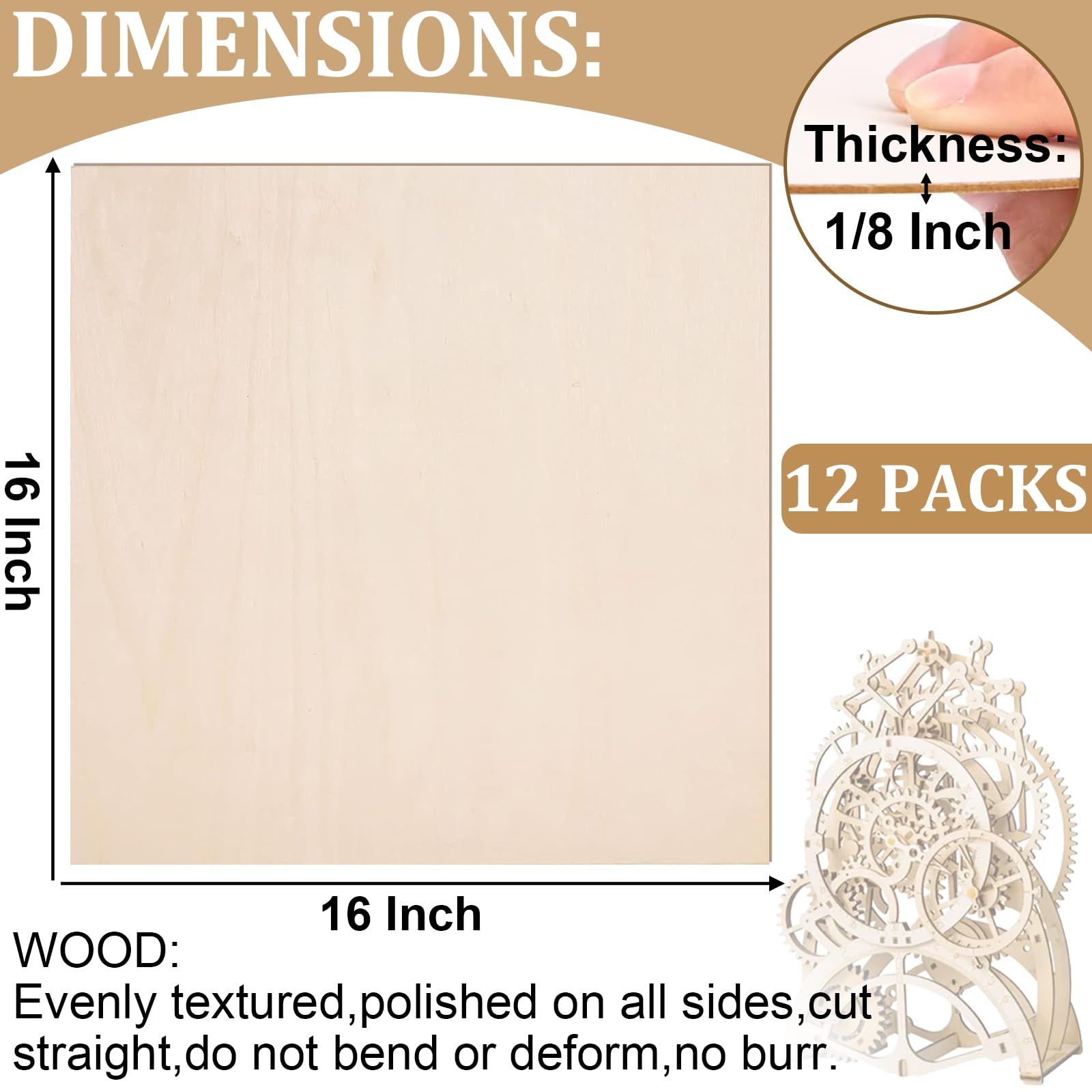 12 Pack Basswood Sheets for Crafts, 16 x 16 Inch, 3mm Thick Plywood Sheets with Smooth Surfaces, Unfinished Squares Wood Boards for Laser Cutting, Wood Burning, Architectural Models, Staining - WoodArtSupply