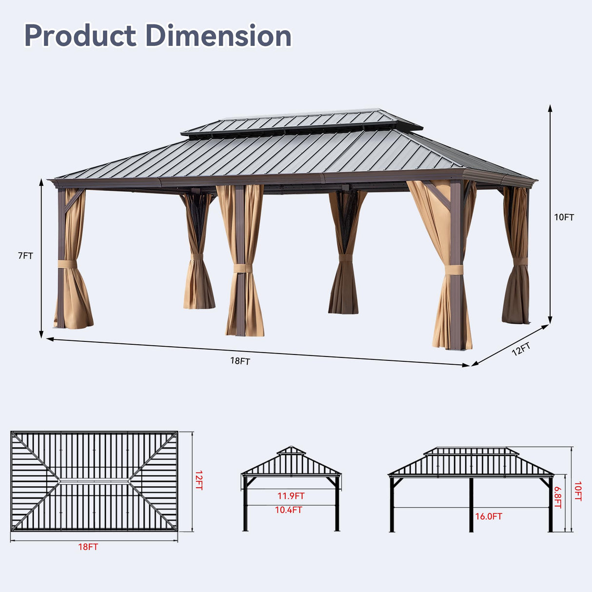 Gardenbee 12x18 ft Gazebo Double Roof Canopy with Netting and Curtains, Outdoor Gazebo 2-Tier Hardtop Galvanized Aluminum Frame Garden Tent for Patio, Backyard, Deck and Lawns Gardenbee