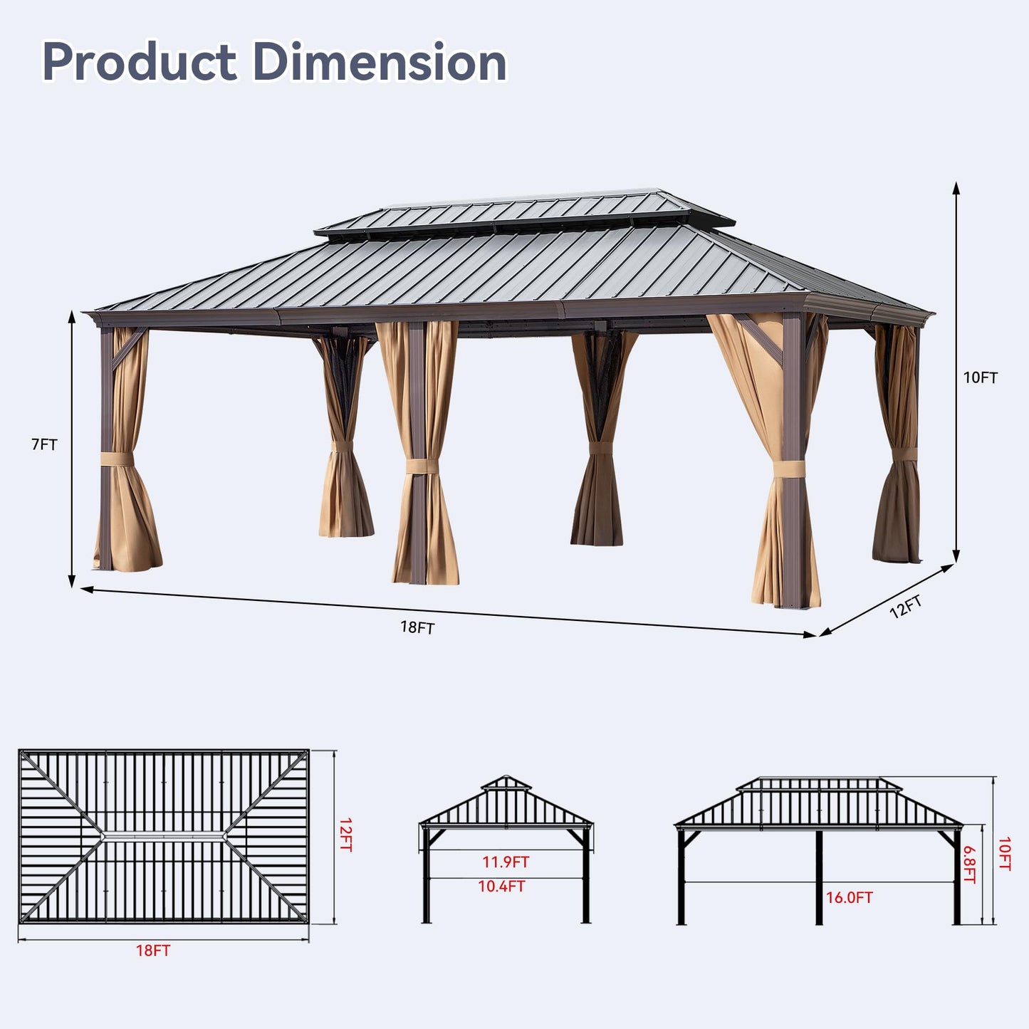 Gardenbee 12x18 ft Gazebo Double Roof Canopy with Netting and Curtains, Outdoor Gazebo 2-Tier Hardtop Galvanized Aluminum Frame Garden Tent for Patio, Backyard, Deck and Lawns - WoodArtSupply