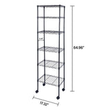 YSSOA Heavy Duty 6-Tier Storage Shelves, 17'' D x 11'' W x 63'' H Adjustable Shelving Unit with Wheels and Hanging Hooks, Black YSSOA