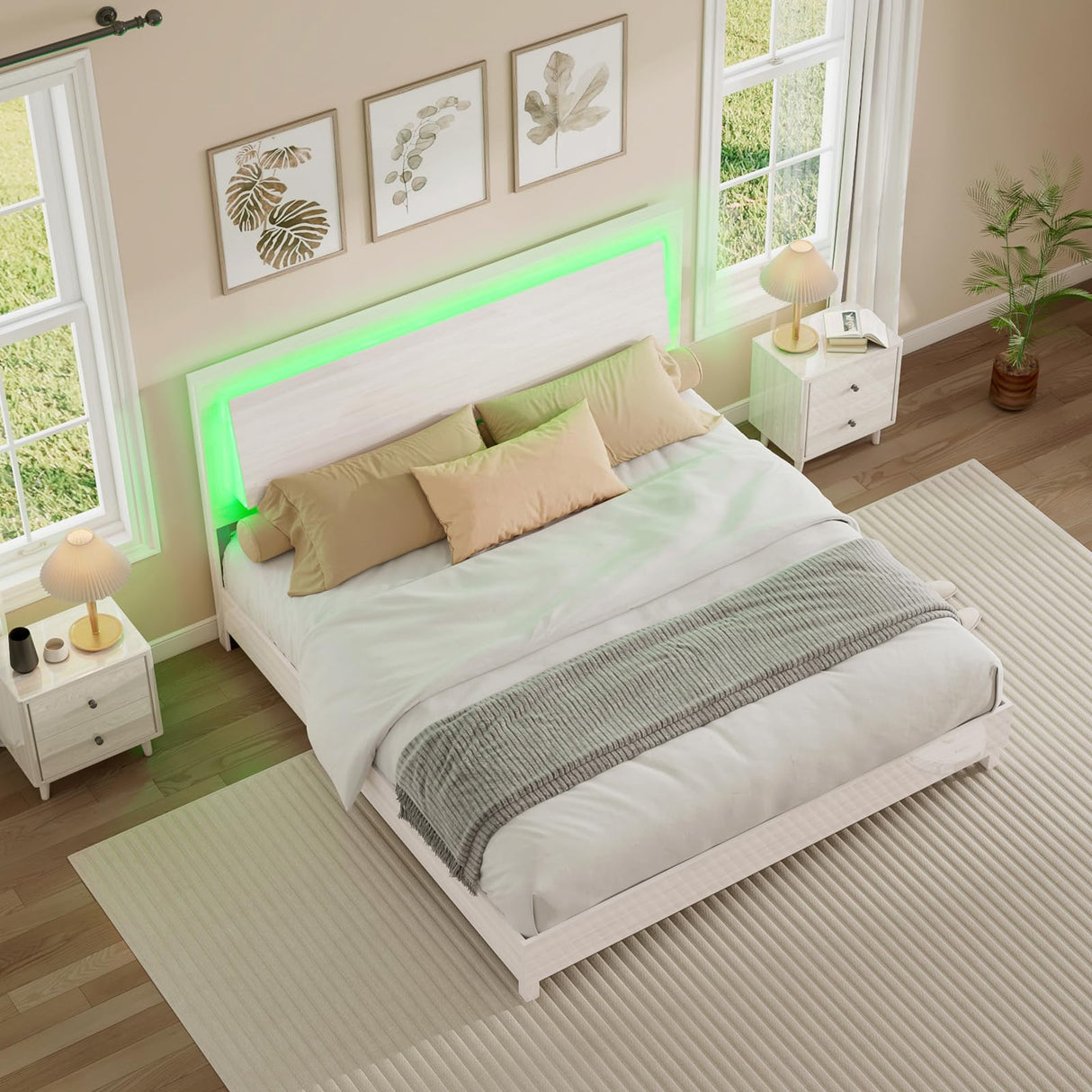 LUXOAK Modern High Gloss King Bed Frame with LED Floating Headboard and Easy Assembly LUXOAK