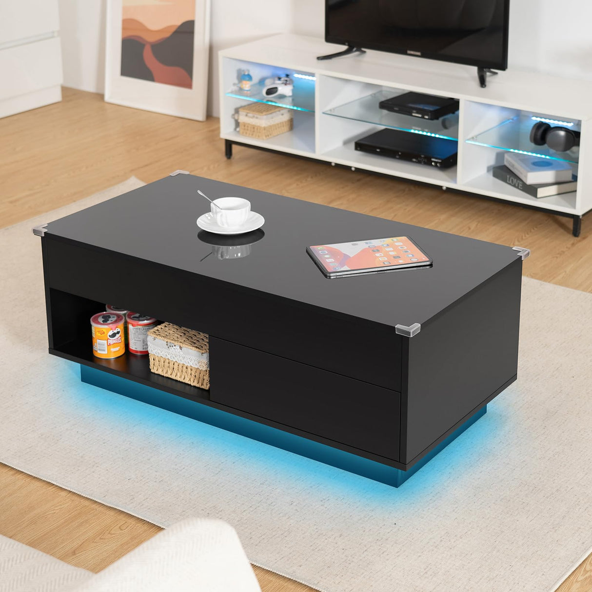 HOMMPA Lift Top Coffee Table with Storage LED Coffee Table Morden High Gloss Living Room 3 Tiers Modern Tea Table with Storage Center Tables Hidden Compartment & Open Shelve & Drawer Black HOMMPA