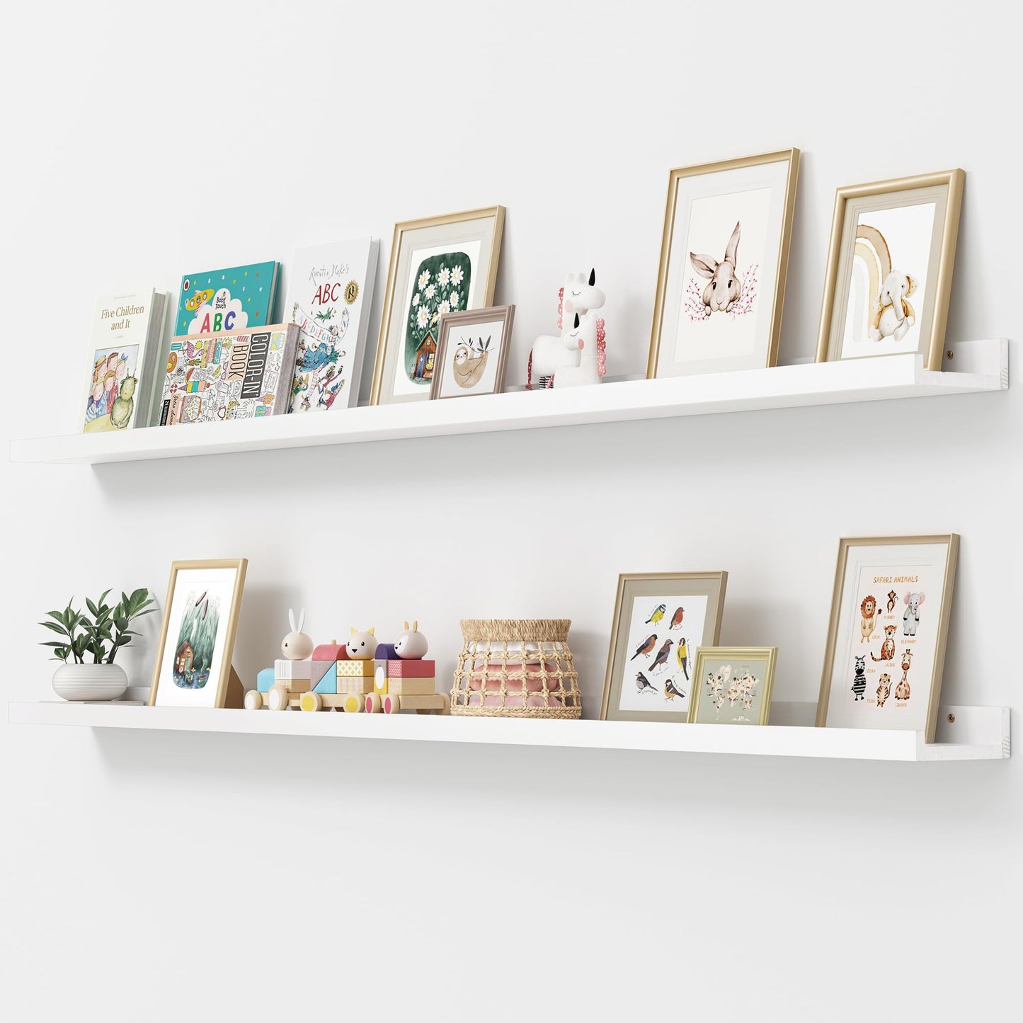 FLYJOE 72'' Solid Pine Wood Floating Picture Ledge Shelf Set of 2 in White for Kids' Room and Home Decor - WoodArtSupply