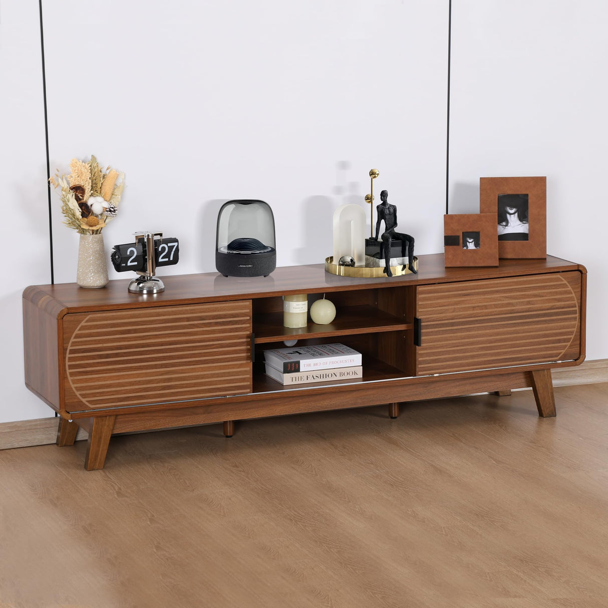 Janmer Home Mid Century Modern TV Stand for 55/60/65 Inch TV, 62" TV Console Table with Fluted Sliding Doors, Entertainment Center and Media Console with Storage for Living Room (Walnut, 62.2inch) Janmer Home