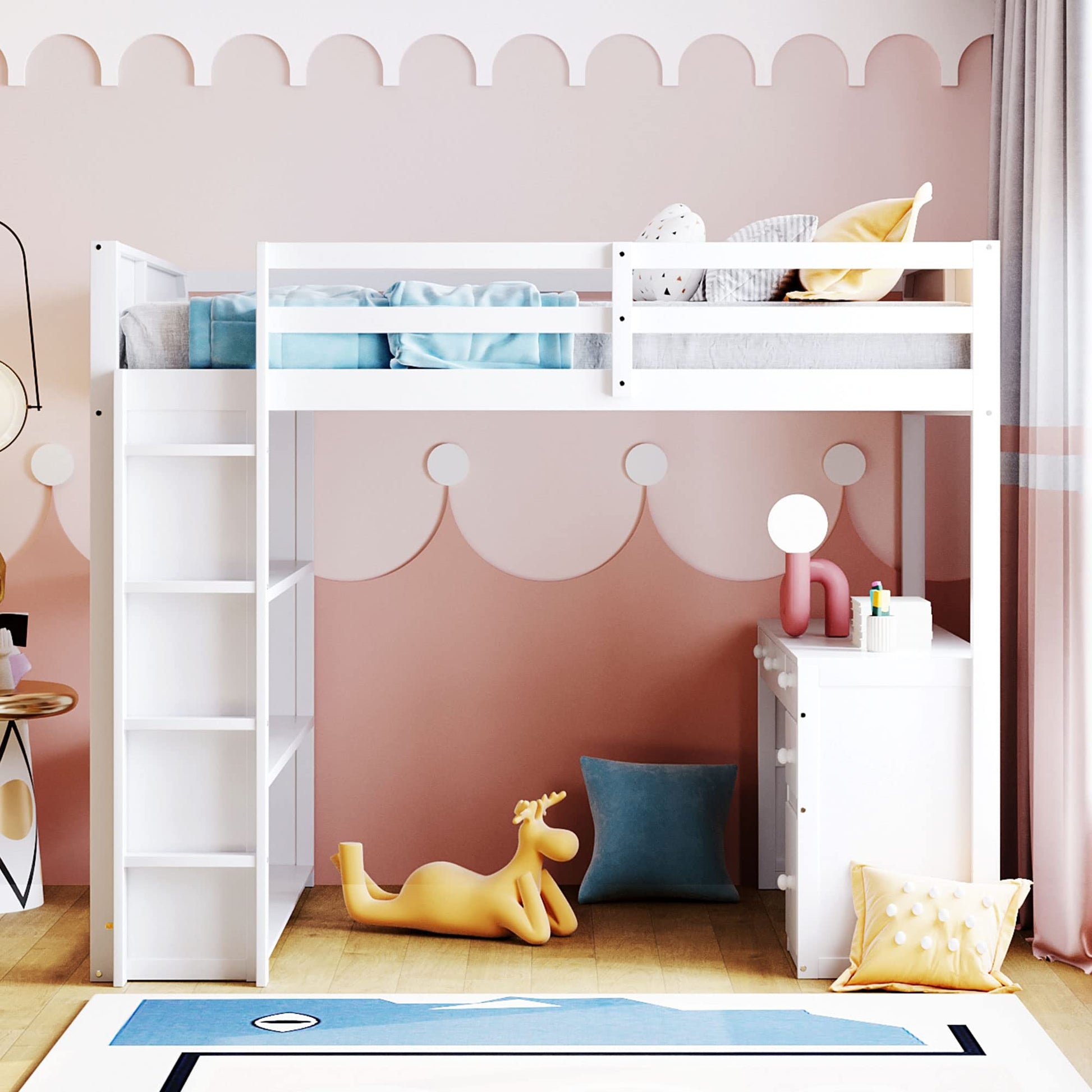 Polibi White Full Size Loft Bed with 5-Drawer Desk, Shelves, and Sturdy Ladder - WoodArtSupply