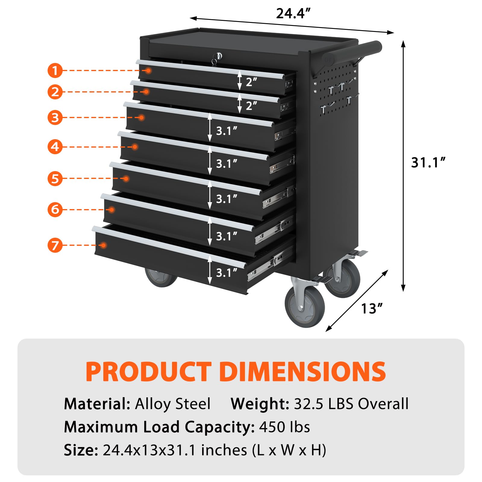 DYneeds 7-Drawer Rolling Tool Chest, Tool Box with Drawers and Wheels, High Capacity Detachable Mobile Tool Storage Cabinet for Garage, Mechanics, Workshop and Repair Room (Black) - WoodArtSupply