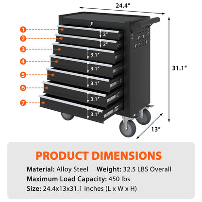 DYneeds 7-Drawer Rolling Tool Chest, Tool Box with Drawers and Wheels, High Capacity Detachable Mobile Tool Storage Cabinet for Garage, Mechanics, Workshop and Repair Room (Black) - WoodArtSupply