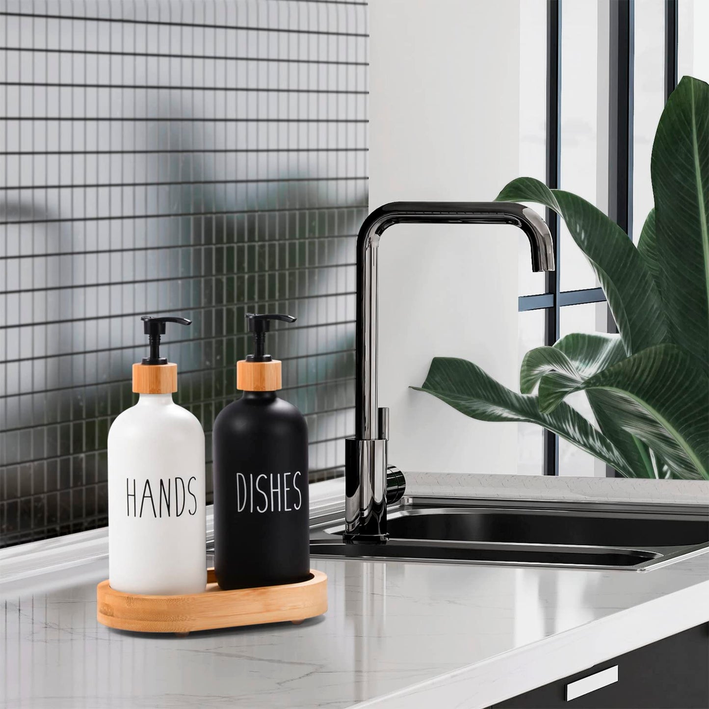 HULISEN Dish Soap Dispenser Set with Wood Tall Tray, Kitchen Soap Dispenser Set, Matte Hand and Dish Soap Dispenser Set for Modern/Boho/Farmhouse Kitchen Decor (Black & White)