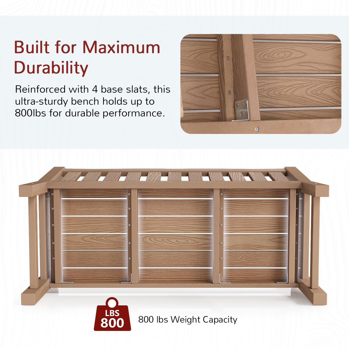 Outdoor Bench, 2-Person Poly Lumber Garden Bench, All-Weather Outside Bench with 800 lbs Weight Capacity, Never Rot or Fade, Looks Like Real Wood, Teak Stoog