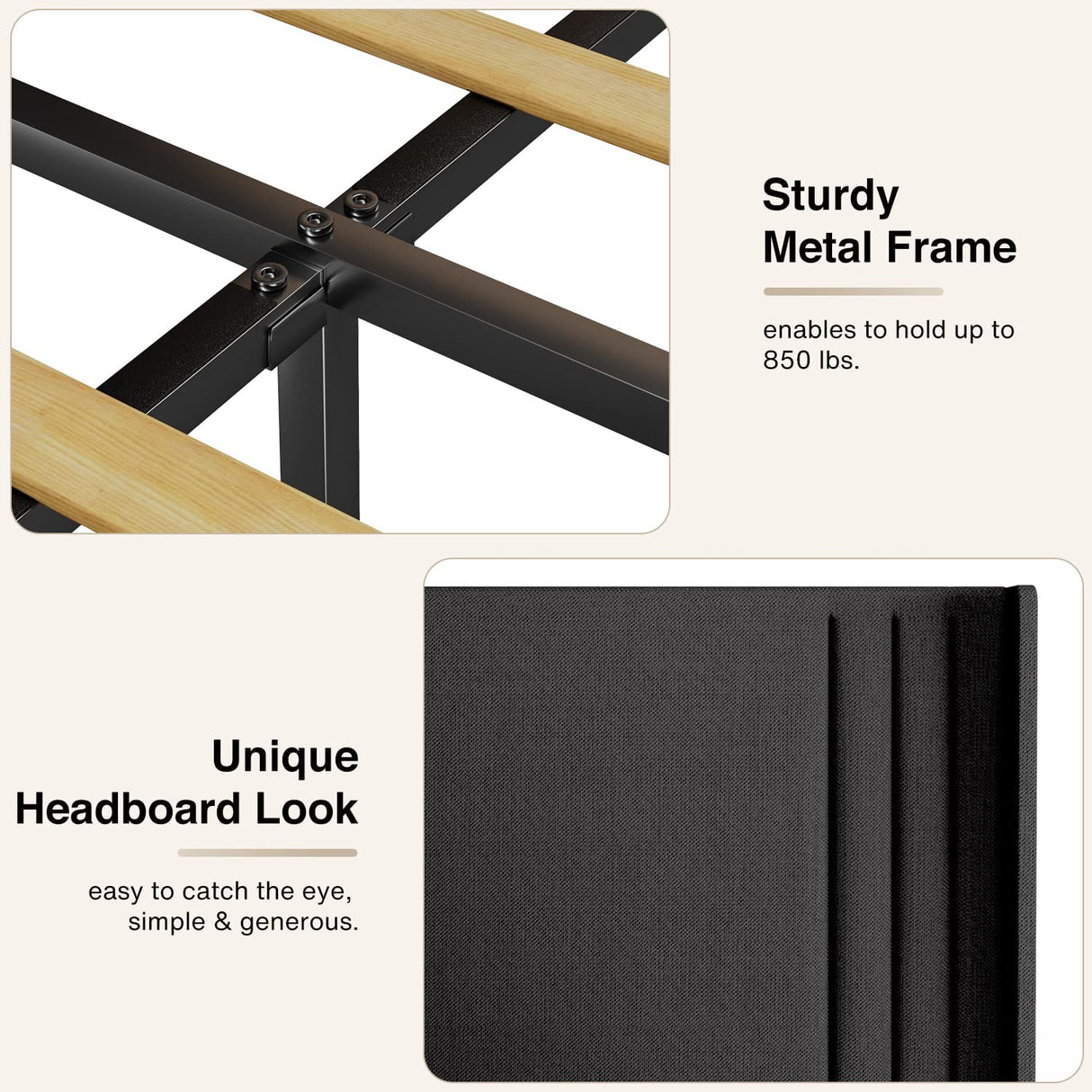 Gizoon Dark Grey Upholstered Full Bed Frame with Wingback Headboard and Wooden Slats Gizoon