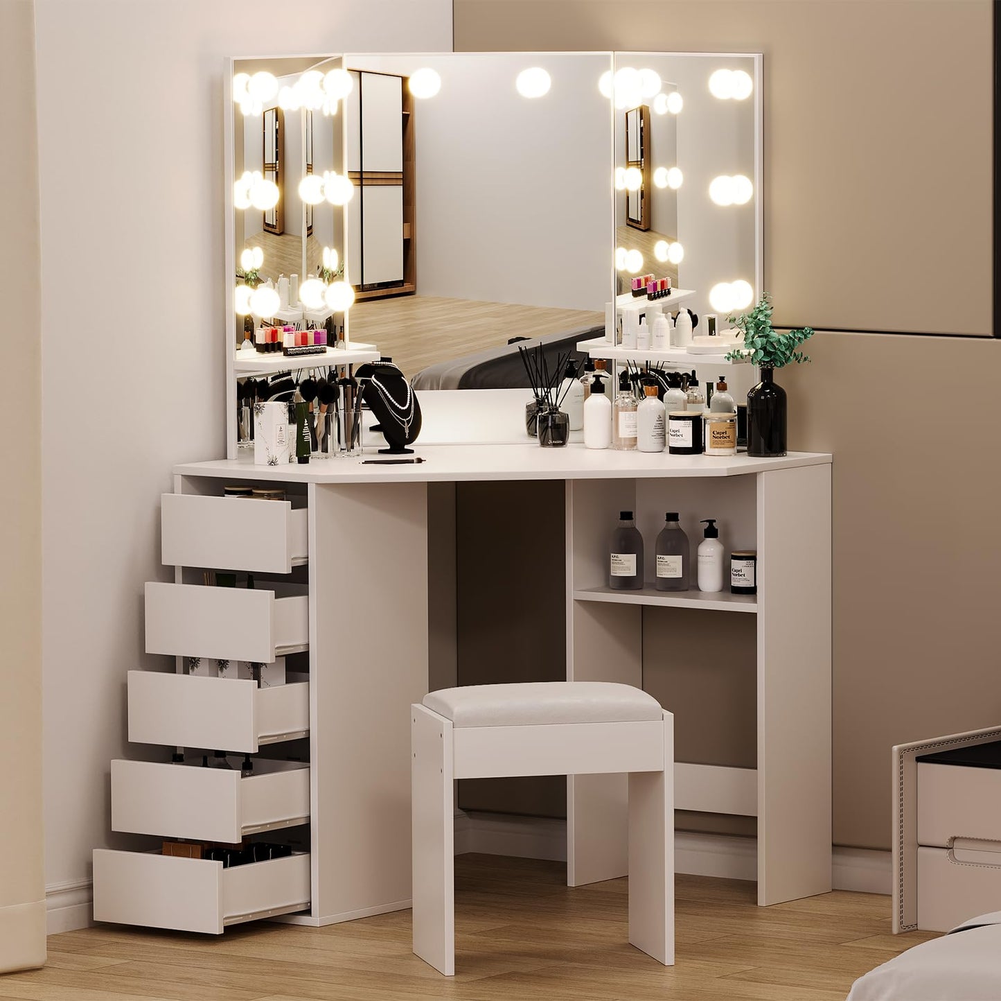 Wpond Corner Makeup Vanity Desk with Mirror and Lights - Adjustable LED Lighting, Spacious Storage, Built-in Charging, 5 Drawers, and Stool, White