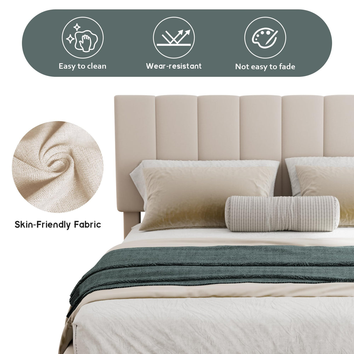 Merax Gas Lift Up Storage Platform Bed, Upholstered Bed Frame with Hydraulic Storage System and Wooden Slat Support, Queen Size, Beige Merax