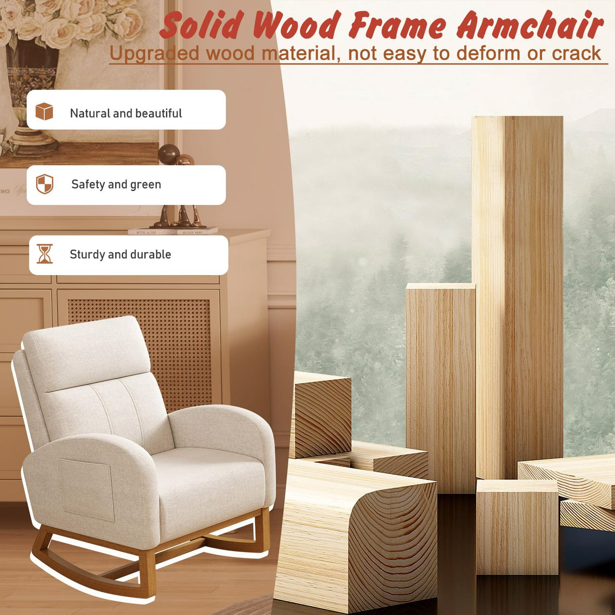 Gaussen Glider Rocking Chair Nursery Comfy Accent Chair with High Backrest Upholstered Living Room Chairs with Side Pocket Armchair Reading Chair for Bedroom Nursery Office, Cream Gaussen