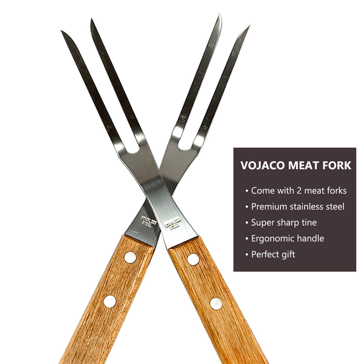 VOJACO Carving Fork, Meat Fork (2 Pack), 13 Inch Cooking Forks with Wooden Handle, Heavy Duty Stainless Steel BBQ Fork, Long Metal Chef Kitchen Forks for Barbecue, Serving, Cooking, Grilling, Roasting VOJACO