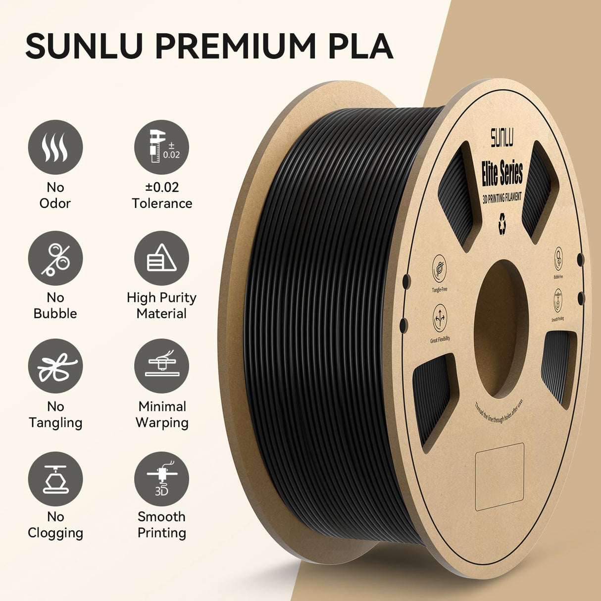 SUNLU Elite PLA 3D Printer Filament 1.75mm, Fit Most FDM 3D Printers, Neatly Wound, Dimensional Accuracy +/- 0.02 mm, 1kg Spool (2.2lbs), Black YOOPAI