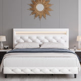 Keyluv Modern Upholstered Queen Bed Frame with LED Lights, Faux Leather Low Profile Platform Bed Frame, Adjustable Crystal Button Tufted Headboard, Strong Wood Slat Support, Easy Assembly, White Keyluv