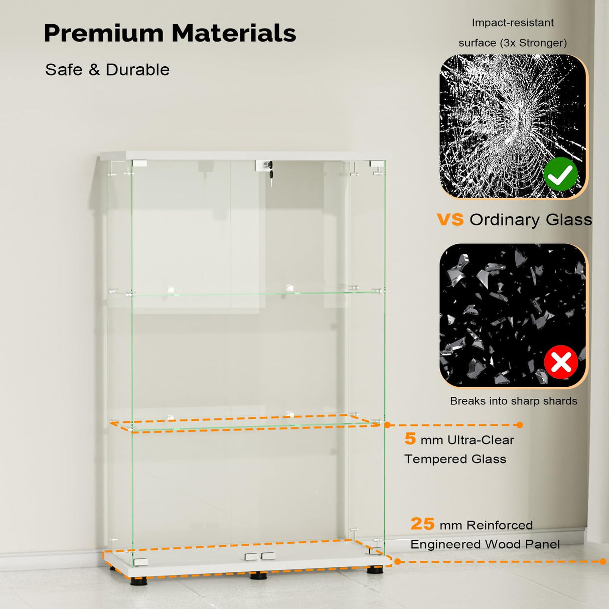 VINGLI Glass Display Cabinet with 3 Shelves, Double Doors and Lock, Floor Standing Curio Cabinets with LED Light, Upgraded Tempered Glass Bookshelf, for Living Room Living Room Bedroom Office, White VINGLI